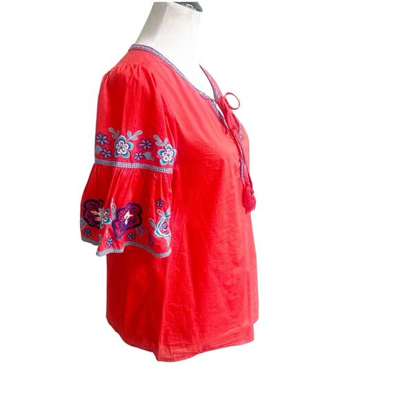 Beach Lunch Lounge Embroidered Bell Sleeve Blouse Size Small Tie Neck Coral Boho - Picture 5 of 10